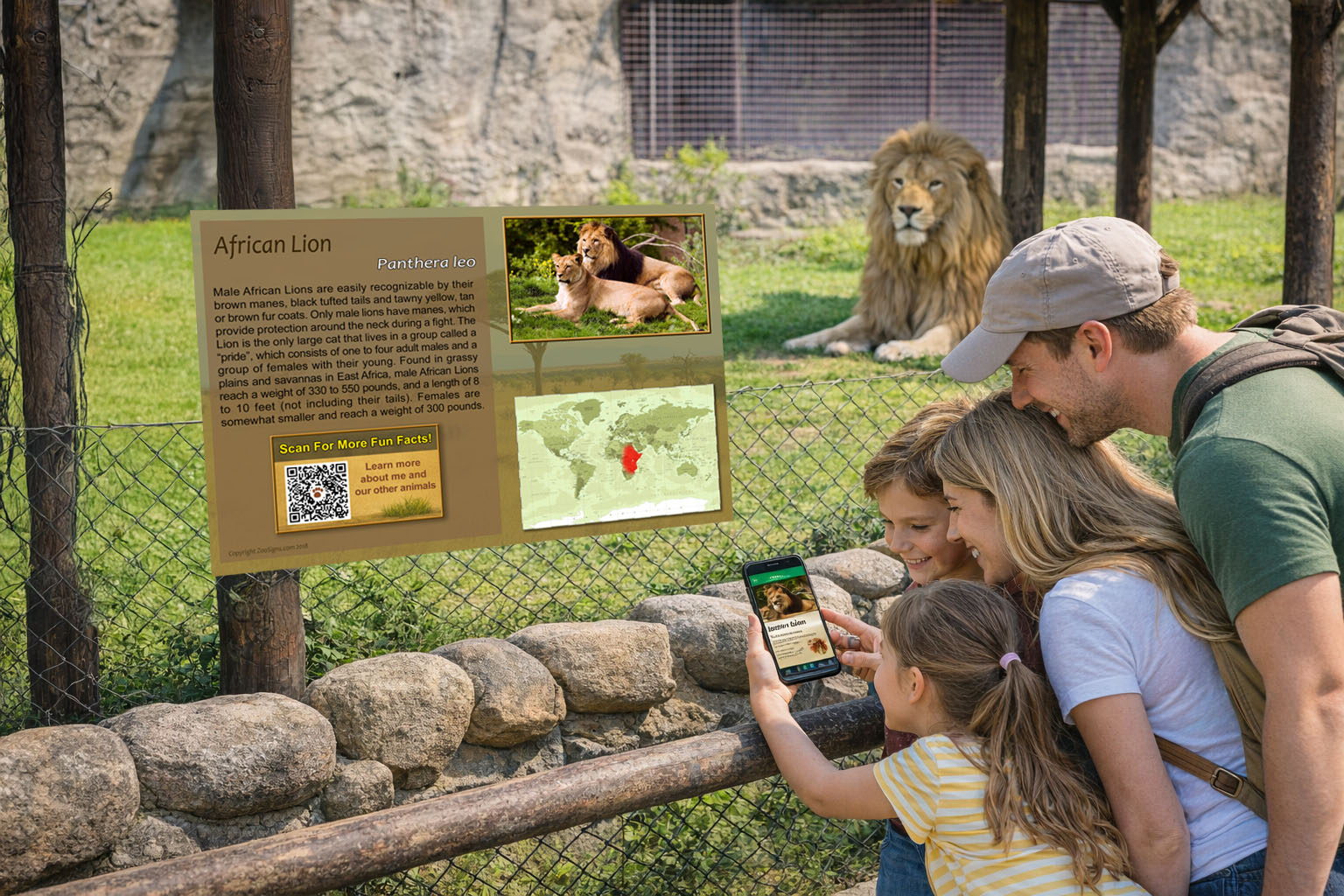Family viewing lions at an exhibit